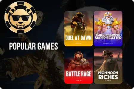 Golden Panda casino logo with four popular game covers: Duel at Dawn, Gates of Olympus, Battle Rage, and High Noon Riches